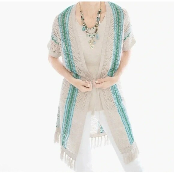 Chicos Teal Mix Fringe Detail Short Sleeve Linen Open Knit Cardigan Size 1 Med - Picture 1 of 6